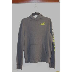 Vtg Y2K Hollister Logo Embroidered Pullover Hoodie Charcoal Gray Neon Yellow EUC